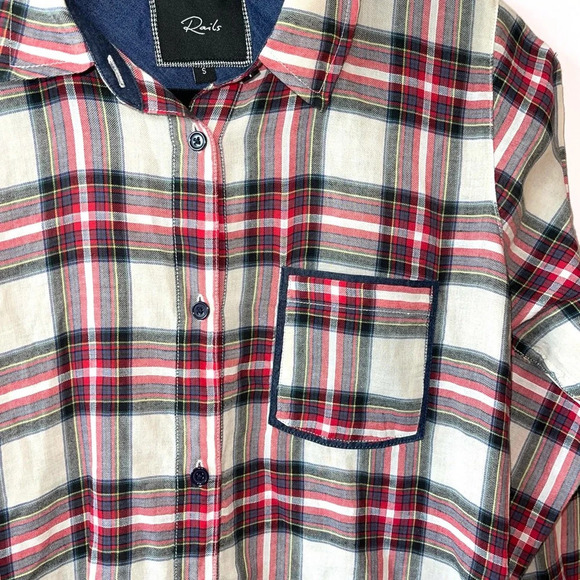 Rails 100% Cotton Cream & Red Plaid Print Button Down Shirt Small Women’s - Picture 5 of 13